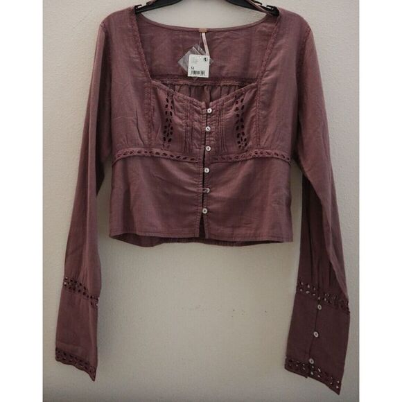 Free People OB1533903 Women's Sz M Purple Joi Eyelet Crop Long Sleeve Blouse $98 - Picture 1 of 10